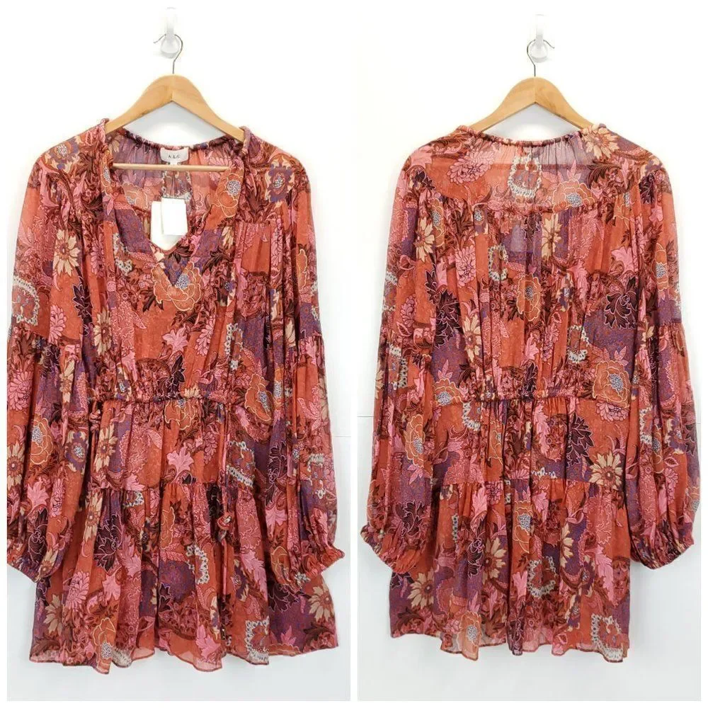 A.L.C. Elise Long Sleeve 100% Silk Floral Mini Dress - Picture 7 of 13